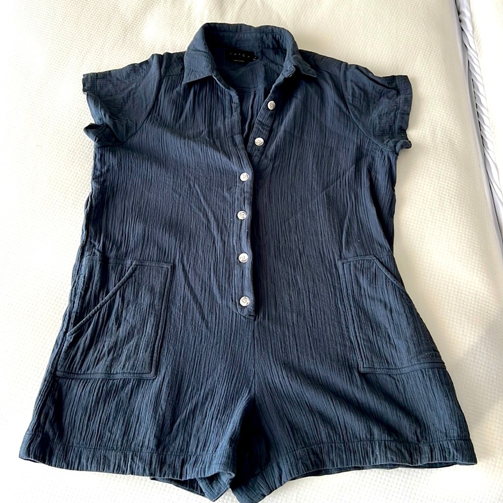 Hatch Navy Blue Short-Sleeve Romper Jumpsuit